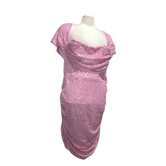 Pretty Little Thing Pink Sequin Ruched Mini Dress Open Back Sz 22 Womens - Picture 7 of 16